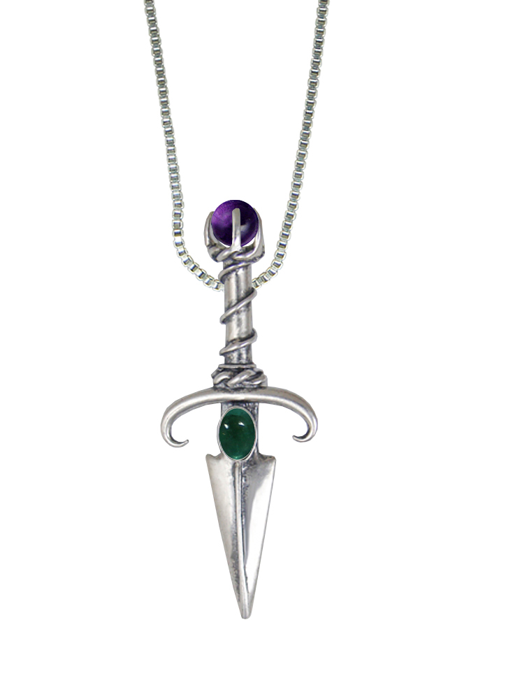 Sterling Silver Black Prince's Knife Dagger Pendant With Fluorite And Amethyst